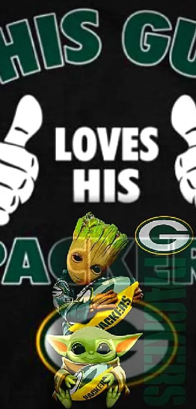 Packers fan wallpaper with thumbs up and beloved characters.