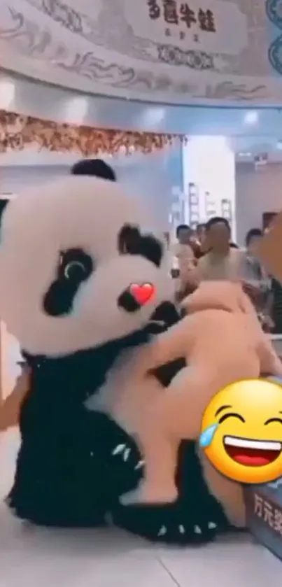 Panda mascot playfully interacting in a shopping mall.