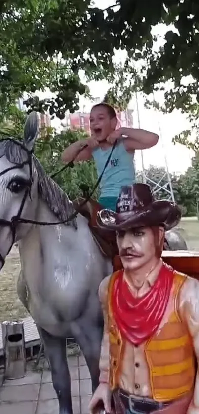 Child enjoying a horse ride next to cowboy statue in park.