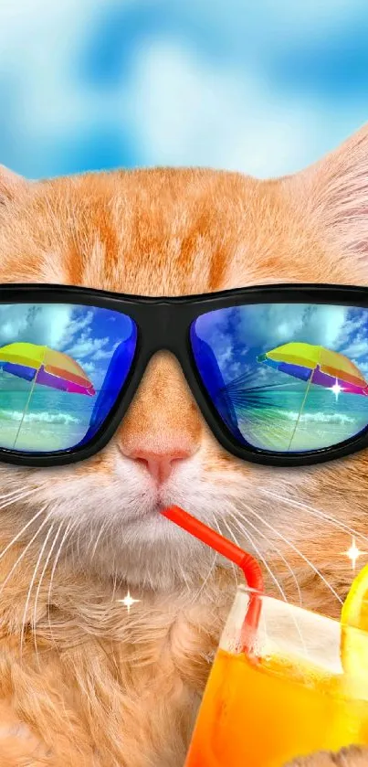 Cat with sunglasses and drink, enjoying a sunny beach day.