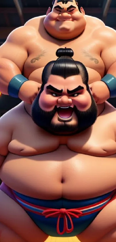 Cartoon sumo wrestlers in vibrant arena wallpaper.