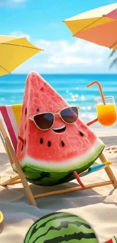Cartoon watermelon relaxing at tropical beach.