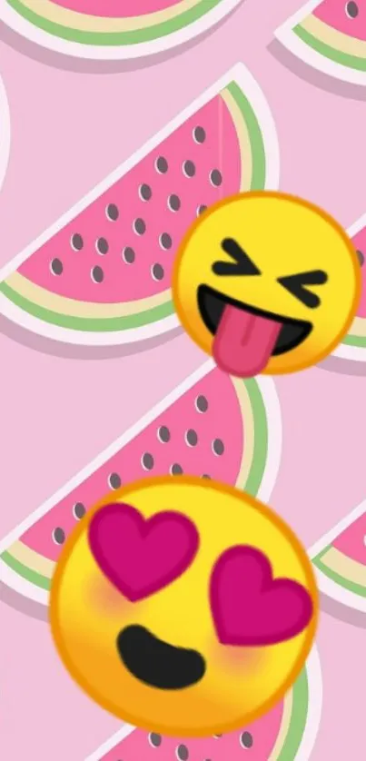 Playful emoji and watermelon wallpaper with pink background.