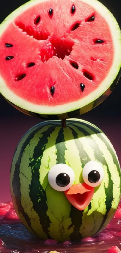 Playful watermelon with a smile, googly eyes, and vibrant red background.