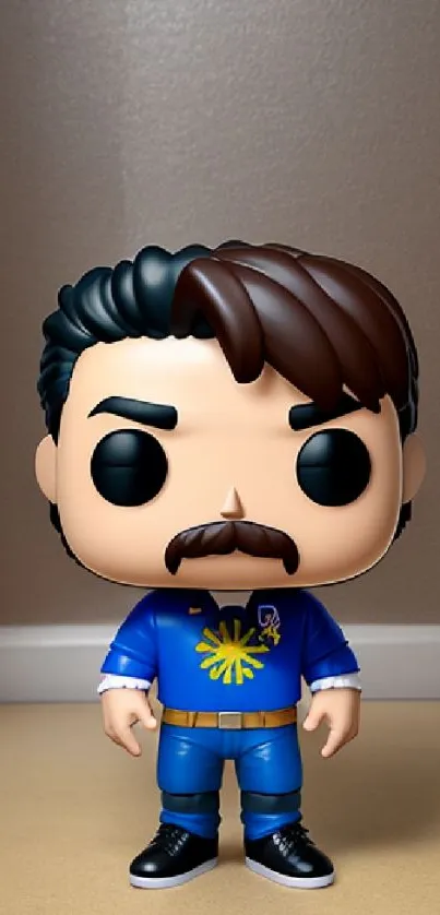 Funko Pop figure with blue outfit and brown hair, on beige background.