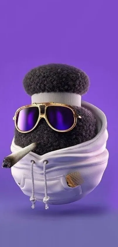 3D character with sunglasses on purple background.