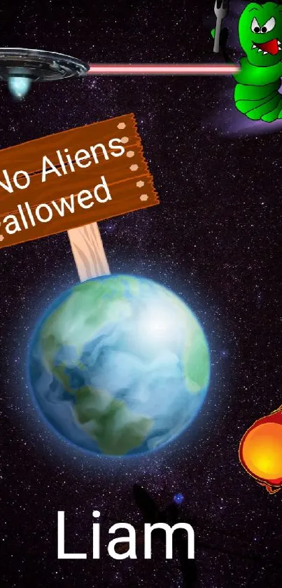 Colorful alien and spaceship theme mobile wallpaper with 'No Aliens Allowed' sign.