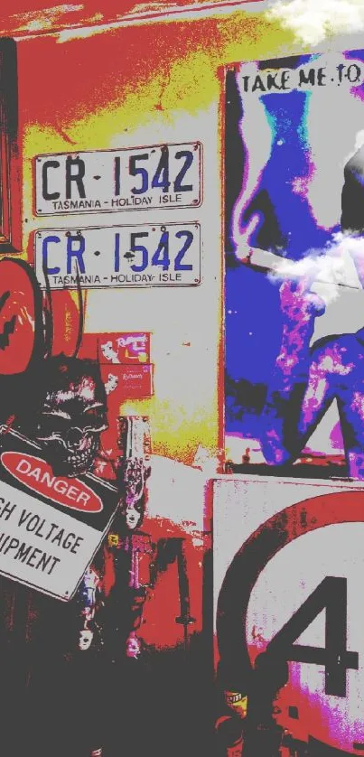 Vibrant room with alien-themed decor and license plates.