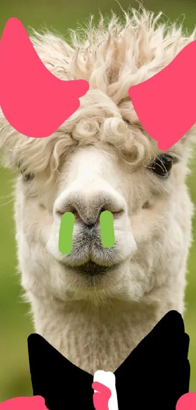 A playful alpaca in a tuxedo with vibrant colors on a green background.