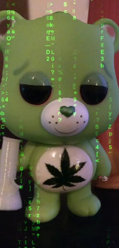 Green bear with matrix code and cannabis leaf design.