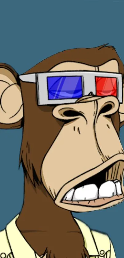 Cartoon ape with 3D glasses in vibrant wallpaper.