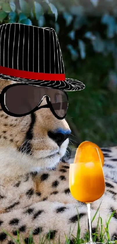 Cheetah laying in grass with a fedora and sunglasses, sipping a drink.