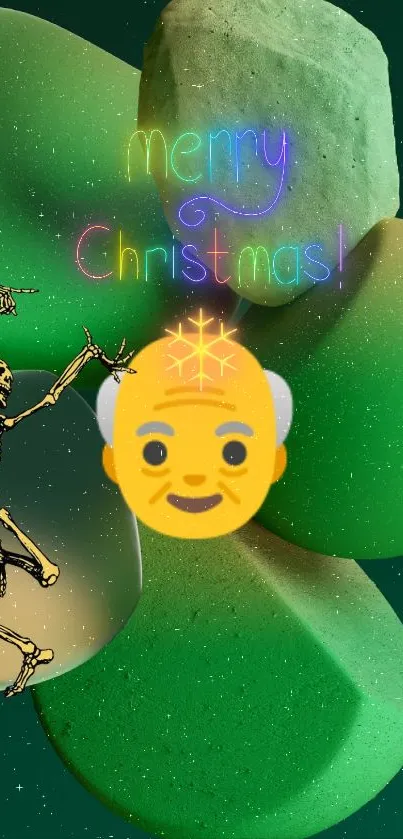 Funky Christmas wallpaper with skeleton, emoji, and neon text.