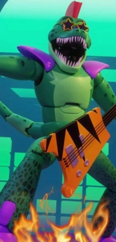 Animated dinosaur playing guitar in a vibrant setting with bold colors.