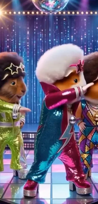 Funky animated animals disco dancing under sparkling lights.