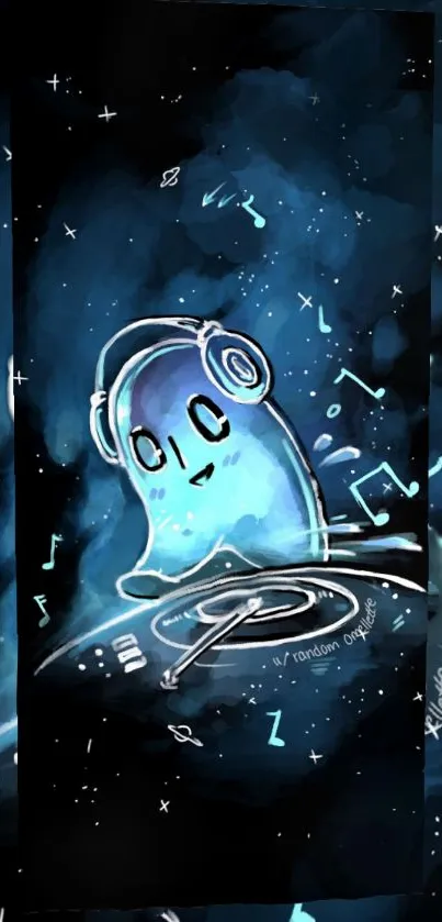 DJ ghost spinning tunes with a cosmic blue background on phone wallpaper.