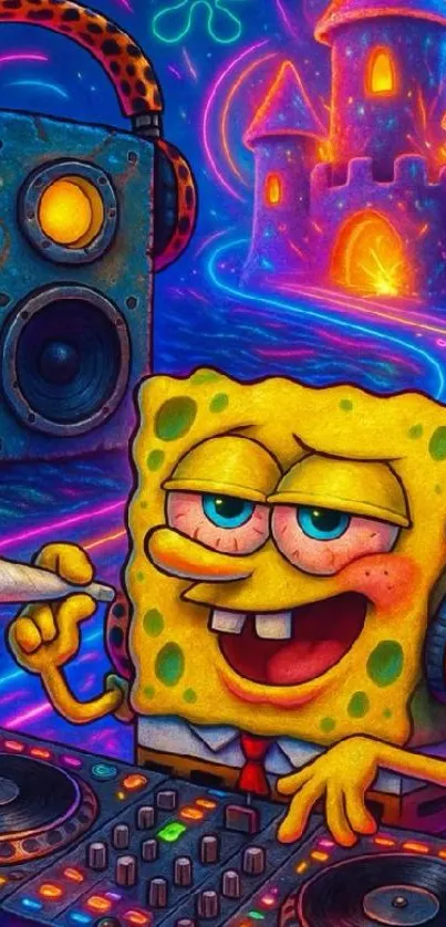 Funky SpongeBob DJ with neon colors and speakers.