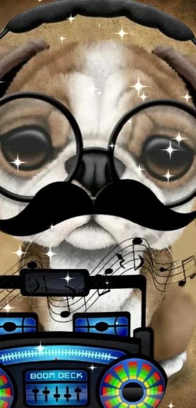 A cute cartoon puppy wearing DJ headphones and glasses, with musical notes.