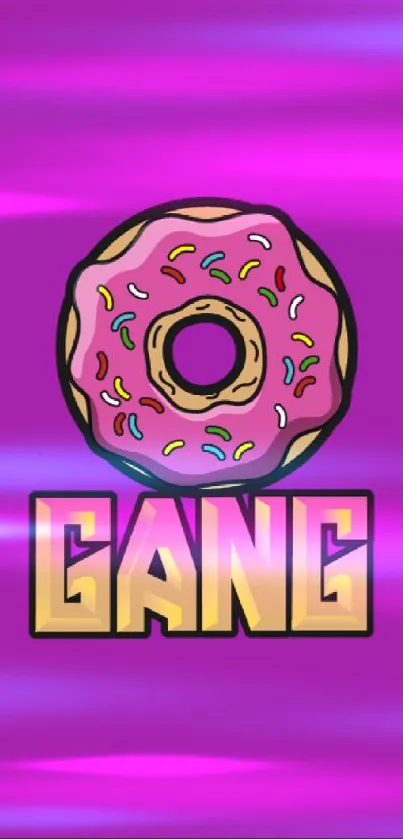 Vibrant purple wallpaper with donut art and 'GANG' text.