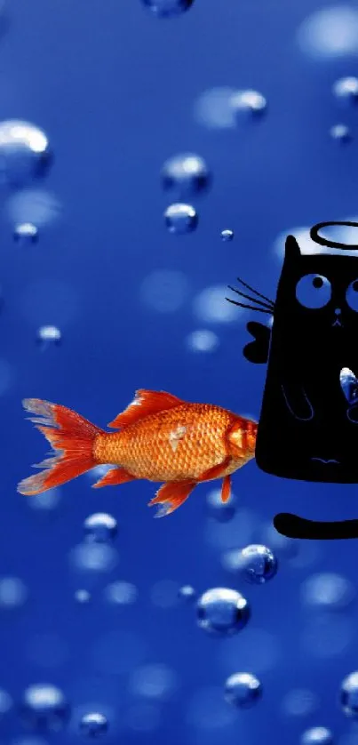 Whimsical black cat and goldfish with bubbles on blue background wallpaper.