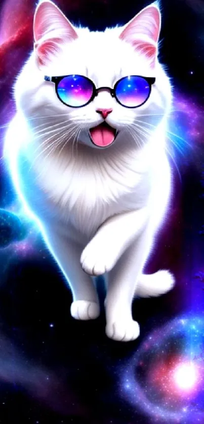 White cat with sunglasses in a colorful galaxy background.