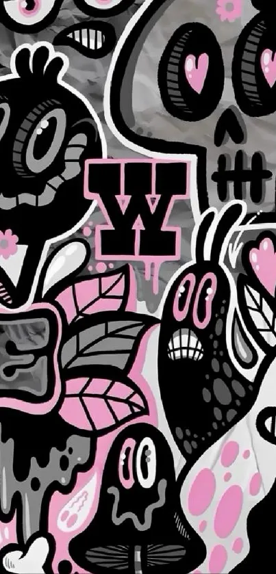 Funky graffiti wallpaper with pink and black cartoon characters.