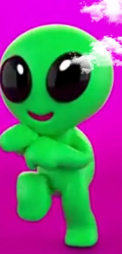 Green alien on a pink background with clouds.