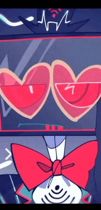 Cartoon TV with heart eyes and a red bowtie on a lively, colorful background.