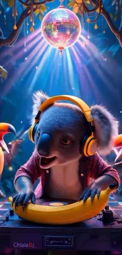 Animated koala DJ with disco theme background.
