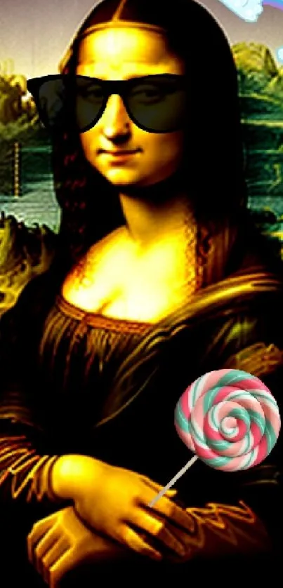 Funky Mona Lisa with sunglasses and lollipop, colorful art wallpaper.