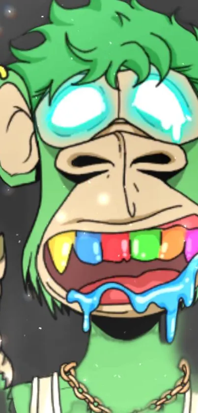 Funky cartoon monkey with colorful teeth and green fur.