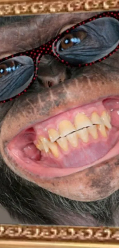 Playful monkey art with glasses in an ornate frame.