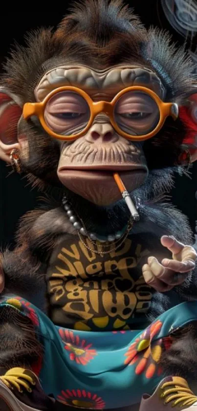 Funky monkey with orange glasses and a cigarette, colorful design.