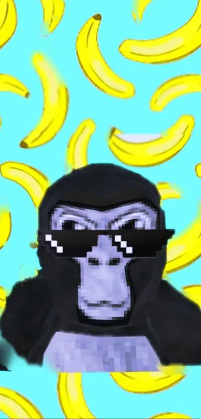 Pixelated monkey with sunglasses on banana pattern background.