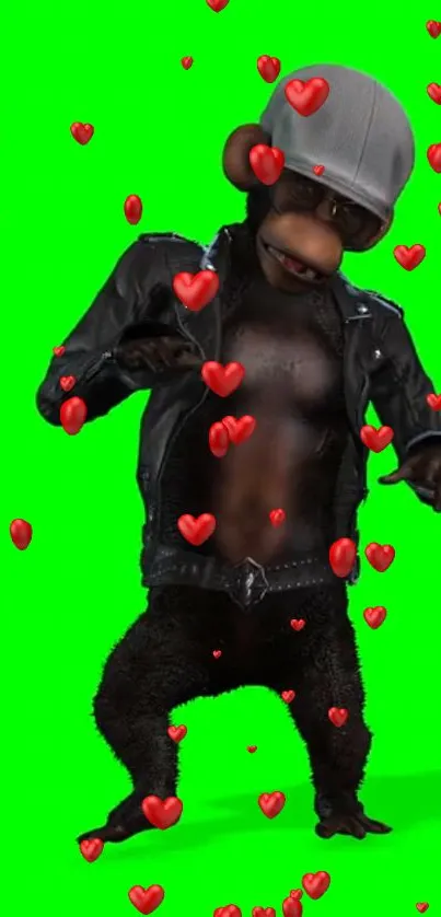 Funky monkey with hearts on green background.