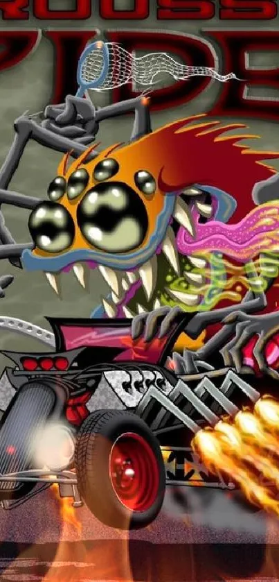 Colorful cartoon monster racing a hotrod tricycle with dynamic graphics.