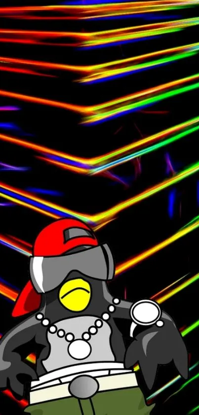 Hip-hop penguin with neon stripes background wallpaper.