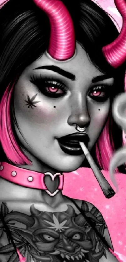 Artistic girl with pink horns and tattoos in mobile wallpaper.