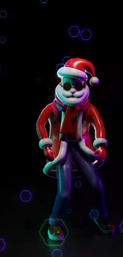 Modern Santa Claus dancing in vibrant art on dark background.