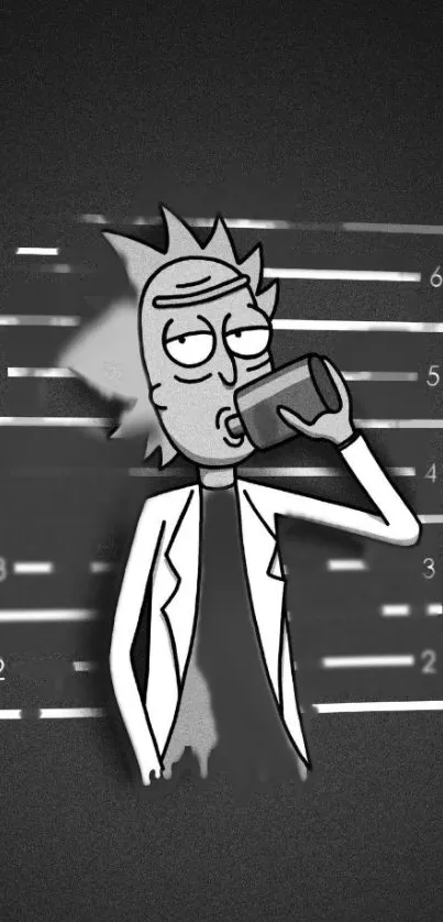 Animated scientist drinking in black and white wallpaper.