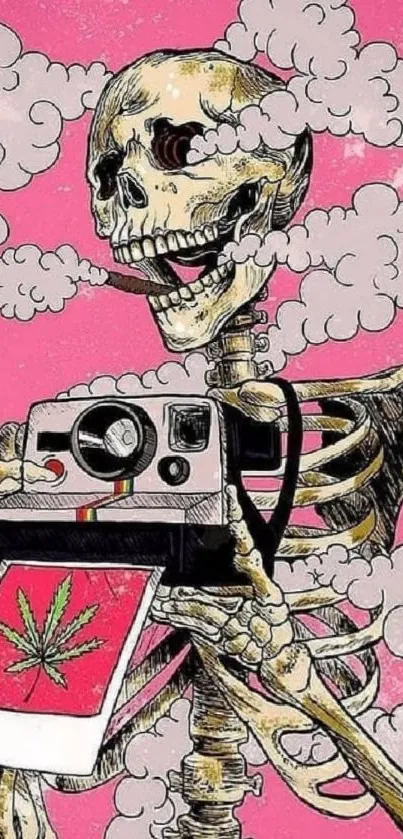 Funky skeleton with camera on pink background.