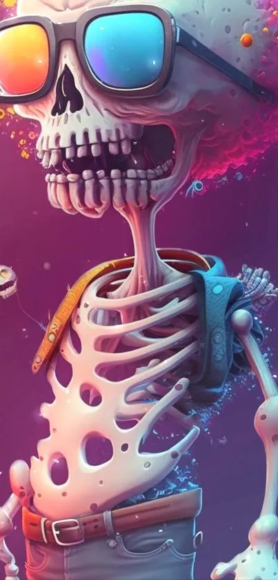 Funky skeleton with sunglasses and vibrant colors.