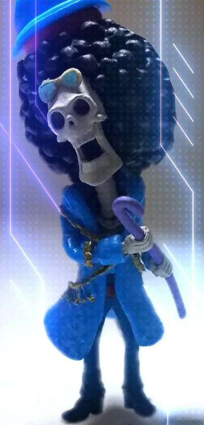 Cartoon skeleton in a blue jacket with neon lines on a mobile wallpaper.