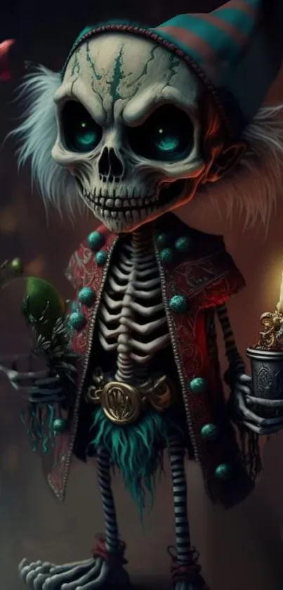 Whimsical skeleton in dim lighting with vibrant attire.