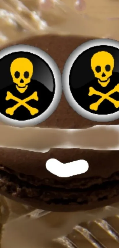 Chocolate macaron with skull eyes and smile design wallpaper.