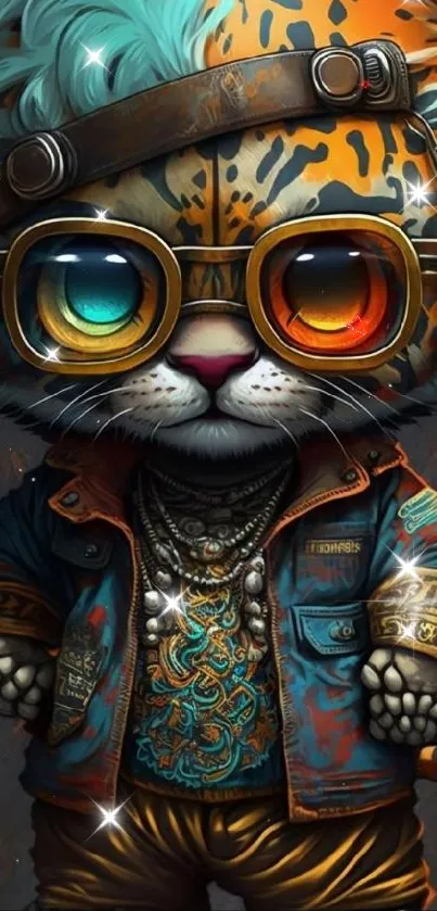 Funky steampunk cat with glasses and vibrant colors.