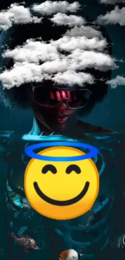 Mobile wallpaper with surreal emoji and cloudy afro design.