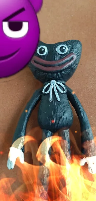 Funky toy character with flames background on mobile.