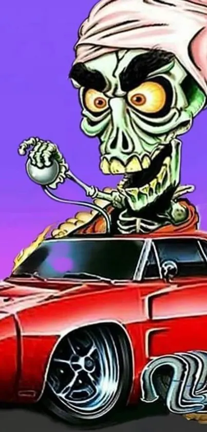 Funky cartoon zombie driving a red car on a purple background.