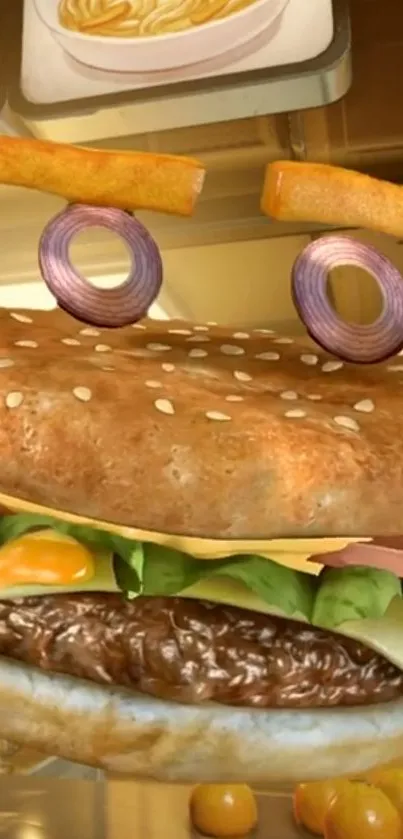 3D burger character with eyes made of onion rings and fries.